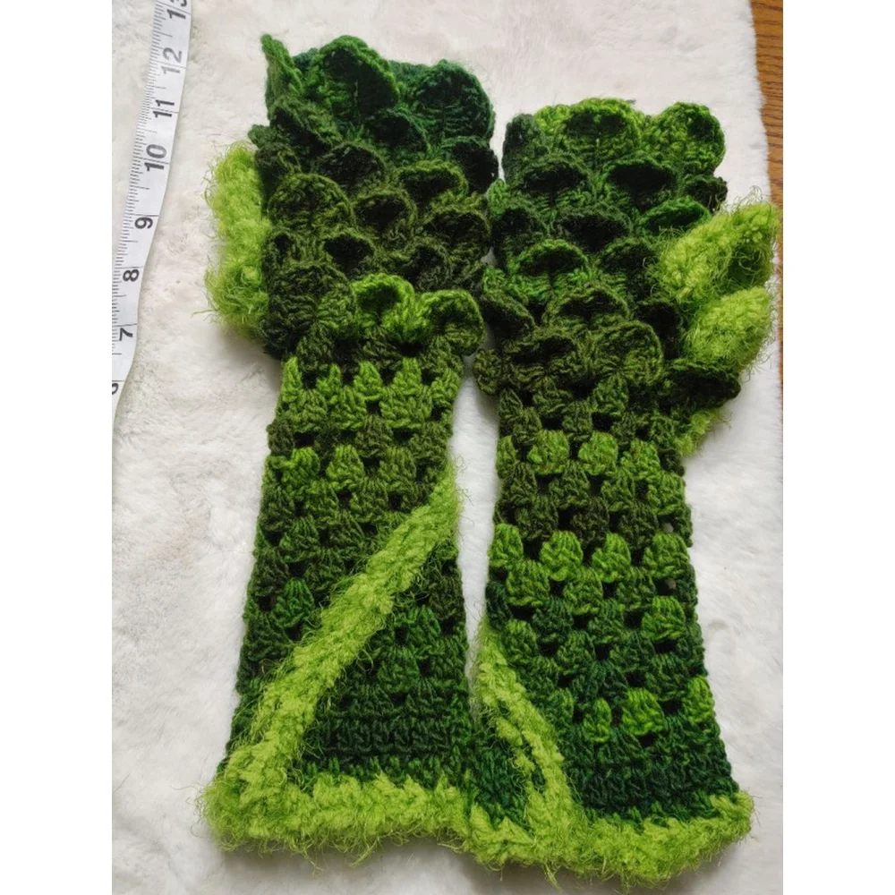 Grinch Handmade Crocheted Drangonscale Green Fuzzy Fingerless Gloves Armwarmer